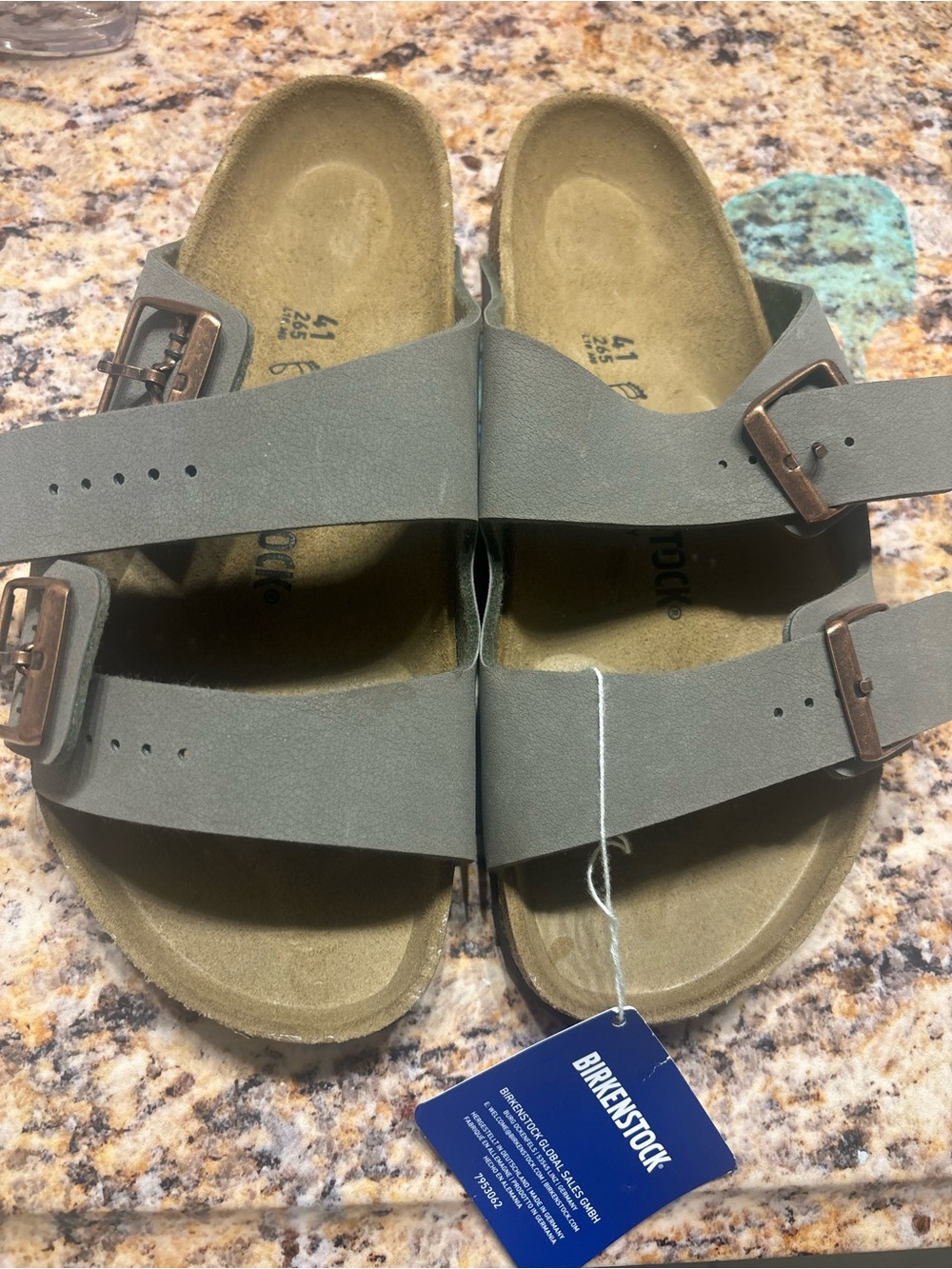 Birkenstock Arizona Two-Strap Sandals in Slate with Bronze Buckles size 41